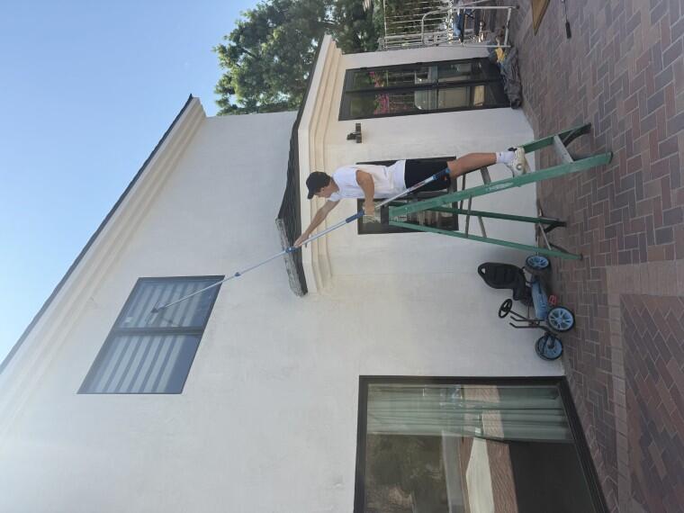 Technician on a ladder cleaning an upper window with an extension pole